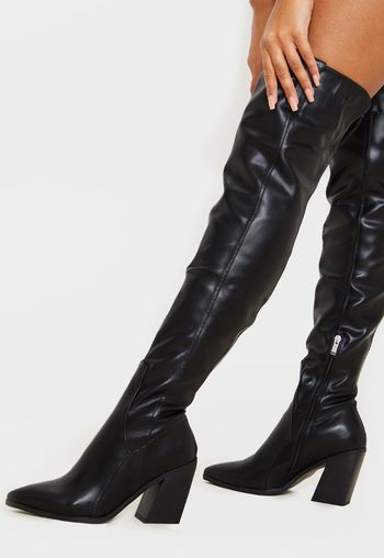 bess black faux suede heel thigh boots
