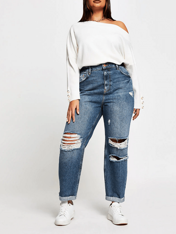 Women's Plus size Straight Leg Ripped Jeans Mid Blue Wash